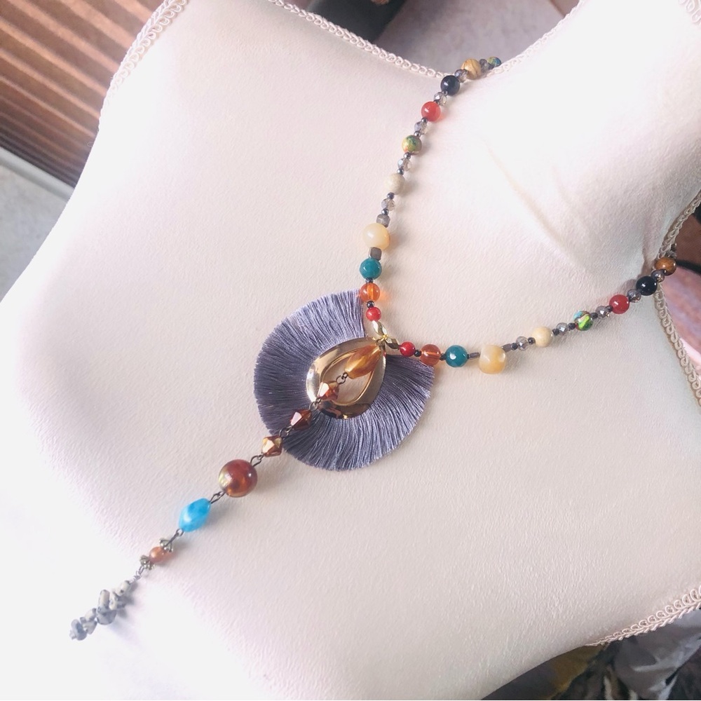 Handcrafted genuine stone faceted crystal fringe pendant necklace